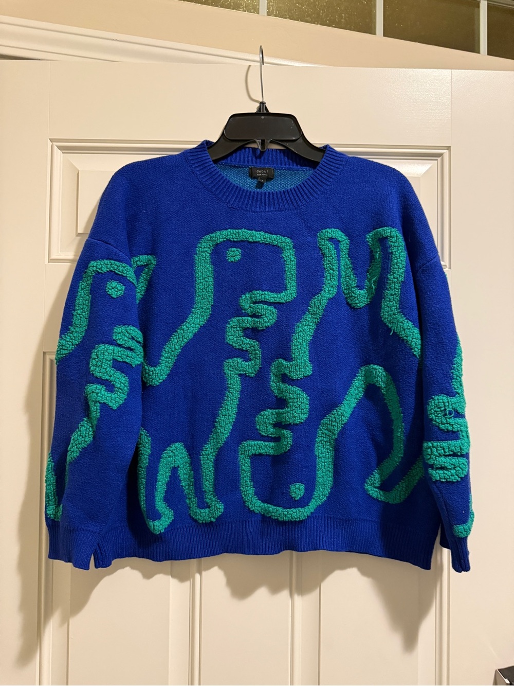 Debut Blue Green Abstract Face Chenille Knit Sweater Size Small